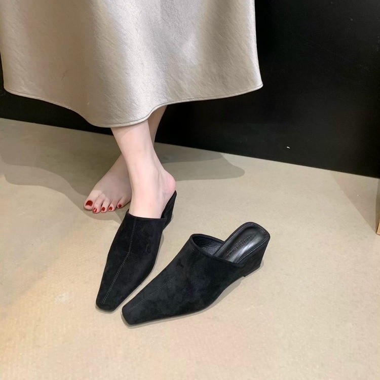 秋季新款绒面方头包头穆勒女鞋