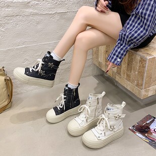 韩版白色厚底高帮马丁靴女2026年春秋系带增高百搭休闲圆头短靴
