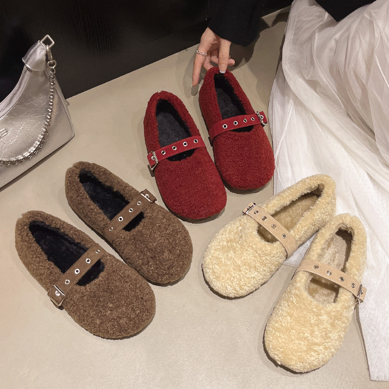 一字带浅口单鞋女2025冬季新款平底保暖温柔毛毛鞋气质外穿豆豆鞋
