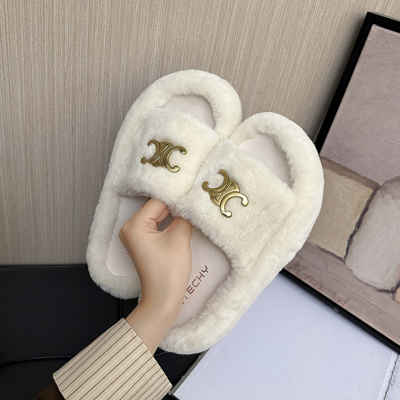 毛毛拖鞋女外穿2023新款秋冬平底网红兔毛黑色毛茸茸厚底一字棉拖