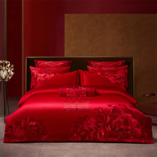 高档结婚喜庆被套四件套大红色全棉纯棉婚庆床上用品婚礼婚房床品