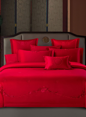 高档婚庆大红色床上结婚四件套全棉纯棉婚嫁被套高级婚礼喜婚床品