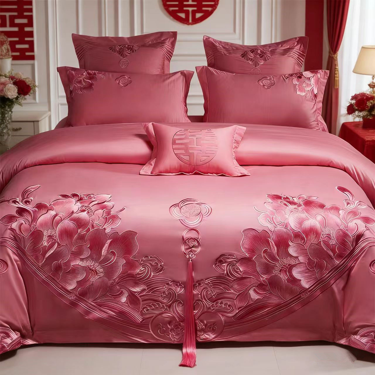 新款婚被结婚床上四件套全棉纯棉粉色大红色被套刺绣婚庆陪嫁床品