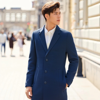 蓝色外套男尾货中长款羊毛呢大衣