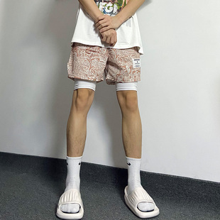 篮球短裤 夏季 男不过膝宽松休闲四分裤 复古涂鸦美式 假两件速干球裤