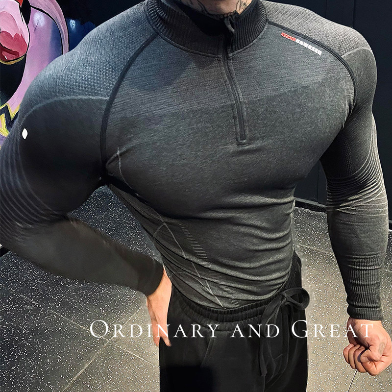 立领半拉链健身长袖无缝提花男训练速干透气户外骑行紧身衣训练服