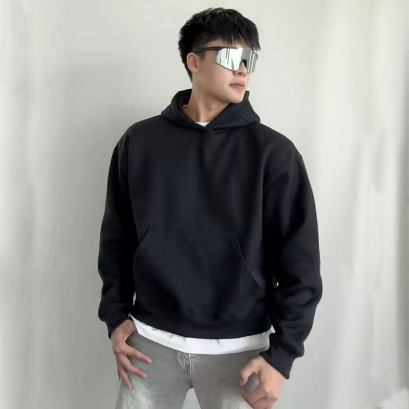 重磅boxy短款连帽卫衣男450克美式高街纯色套头加绒加厚帽衫秋冬