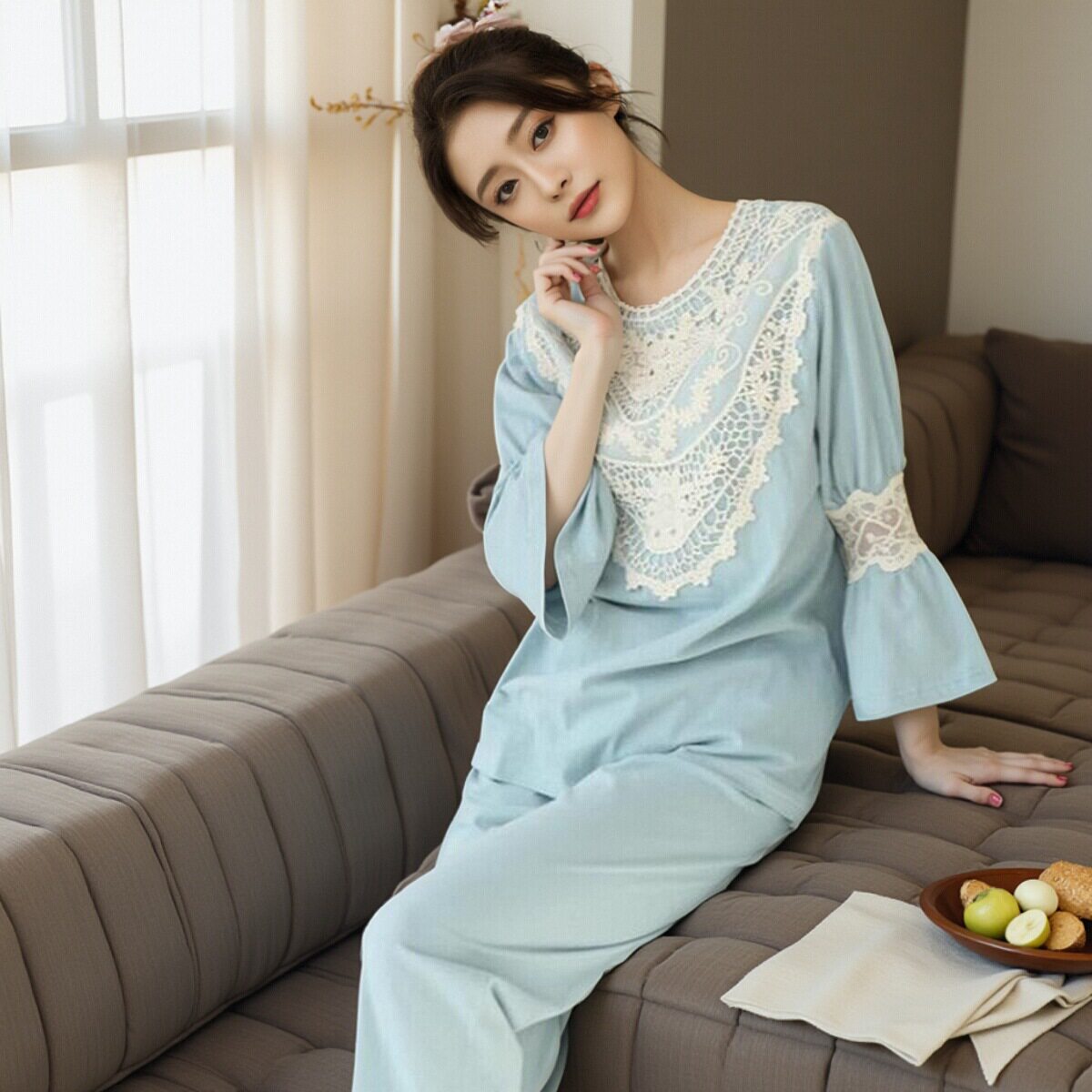 睡衣女夏季纯棉甜美公主蕾丝花边pink莫代尔薄款七分裤家居服套装