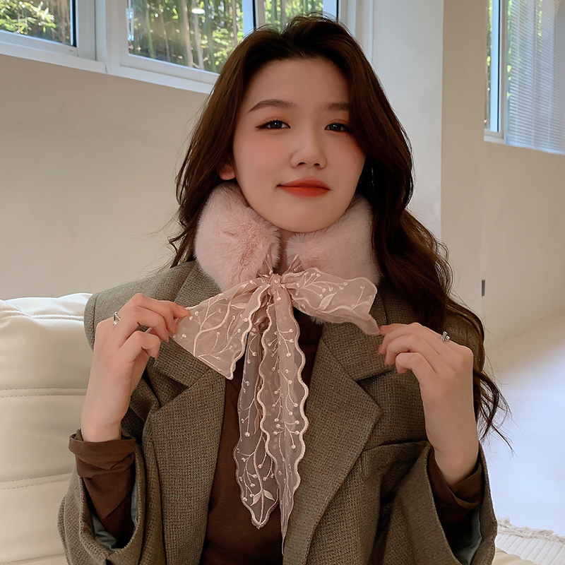 韩国秋冬季保暖蕾丝毛绒绒交叉围脖女毛领子气质网红小围巾纯色潮