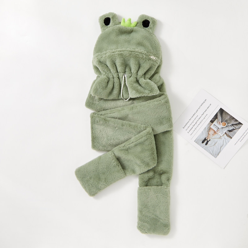 可爱青蛙保暖帽子围巾一体加厚毛绒连帽手套秋冬季女三件套骑车帽