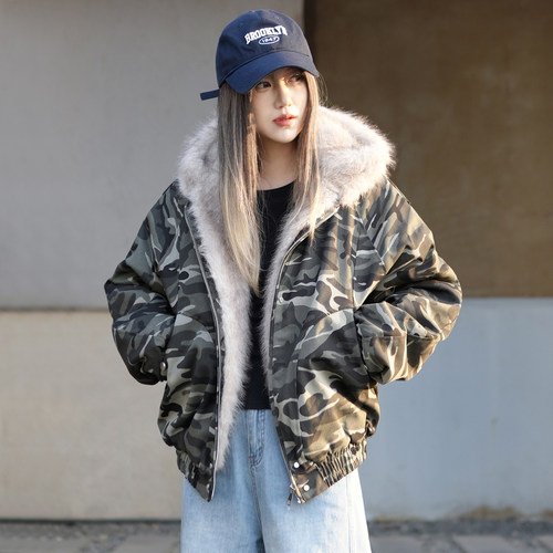 军绿色迷彩毛领棉服飞行员夹克