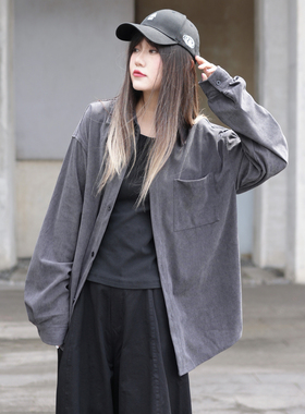 美式复古灰色灯芯绒工装衬衫外套2026春季新款女外穿长袖条绒衬衣