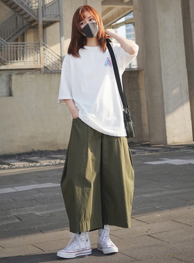 军绿色高腰九分弯刀阔腿裤工装裤夏季薄款宽松女裤子日系盐系穿搭