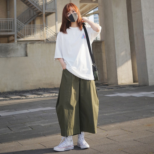 高腰军绿色九分弯刀阔腿工装裤