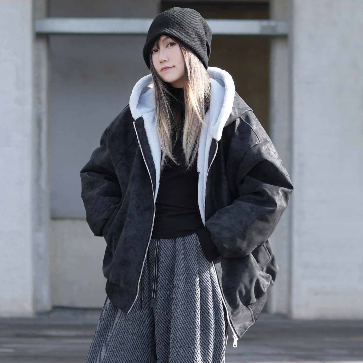 加厚加绒宽松pu皮棉服