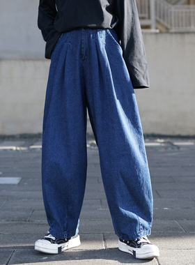 松紧腰宽松日系慵懒风女裤子复古深蓝色牛仔裤春秋薄款高腰阔腿裤