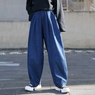 高腰阔腿裤 春秋薄款 子复古深蓝色牛仔裤 松紧腰宽松日系慵懒风女裤