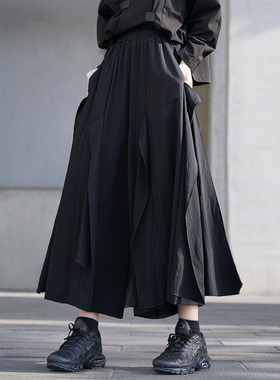黑暗系酷飒山本风女装黑色裤裙春秋款不规则高腰宽松显瘦阔腿裙裤