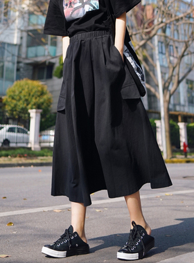 口袋日式工装裙女复古日系百搭学生高腰a字裙子黑色山本风半身裙