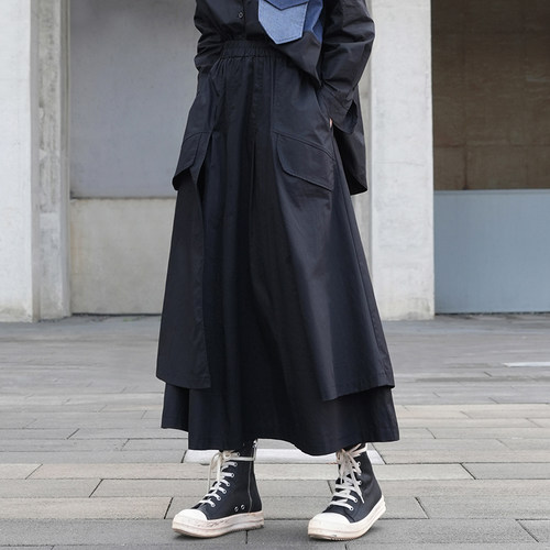 山本风黑色层次感半身裙春秋薄款