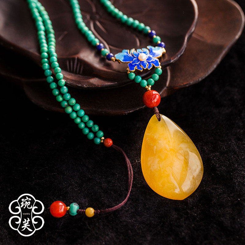 kf 天然鸡油黄蜜蜡大水滴吊坠配松石南红项链毛衣链配链女士礼物