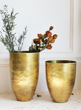 BYM黄铜花瓶复古客厅锤纹轻奢