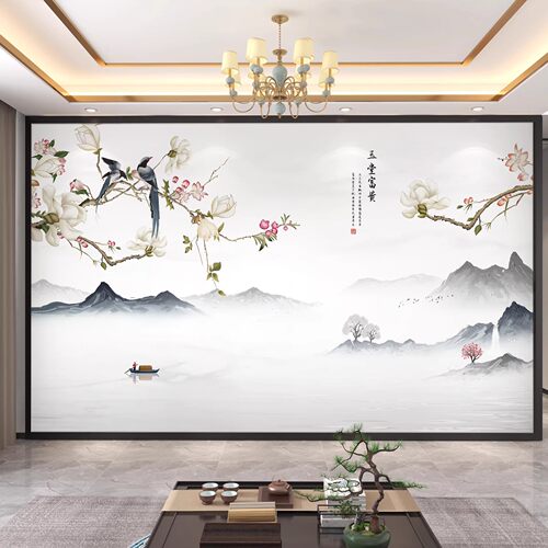电视背景墙壁纸新中式山水花鸟墙纸8d沙发墙壁画18D客厅影视墙布