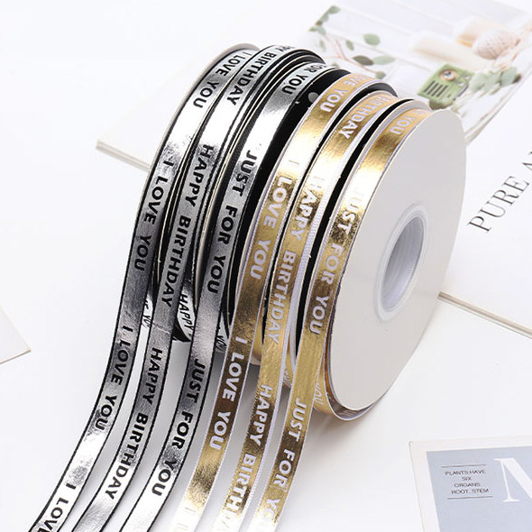 花中情 英文小金条烫金字母丝带鲜花包装缎带烫银花艺蝴蝶结diy用