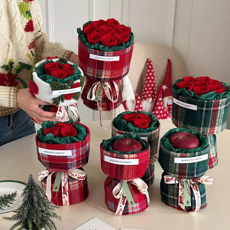 圣诞节小香风格子布料苹果花束