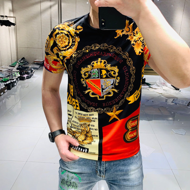 2020夏季新款欧美潮牌个性时尚短袖男潮流修身丝光棉烫钻T恤男潮