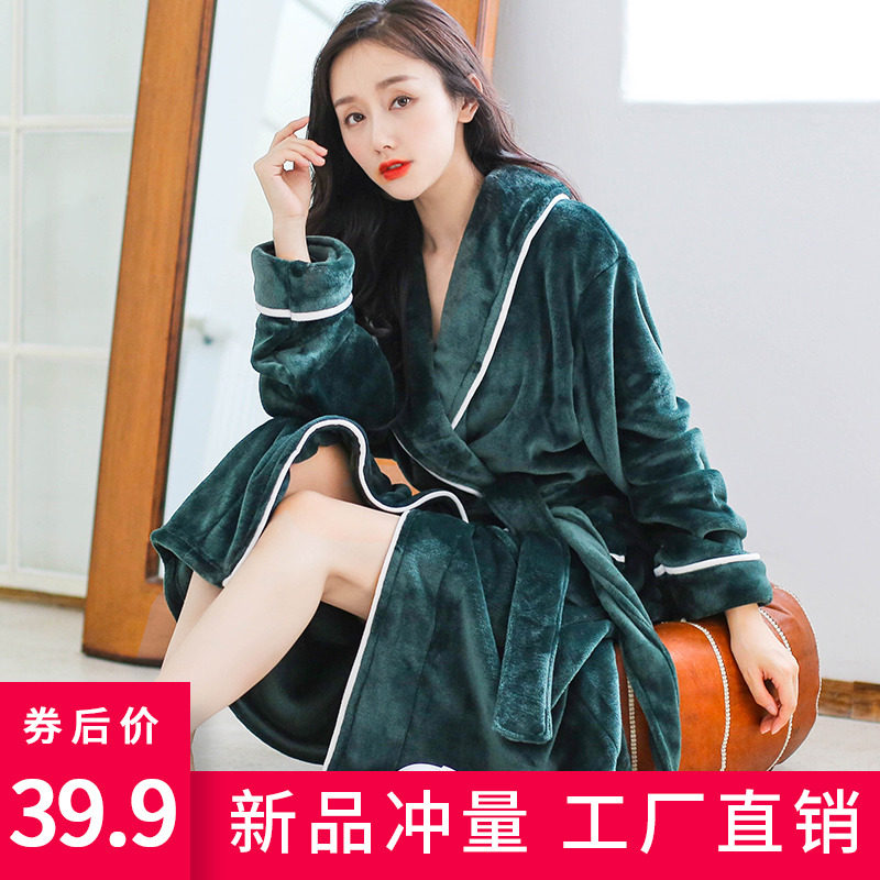 秋冬季睡袍女加厚法兰绒长款学生珊瑚绒浴袍男情侣浴衣睡衣家居服