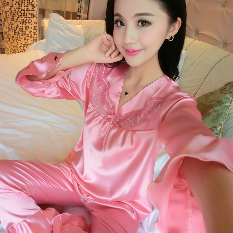 睡衣女春秋夏薄款丝质绸睡衣两件套装长袖秋季蕾丝性感家居服