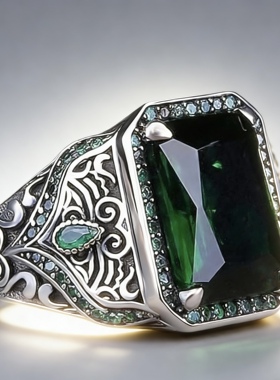 欧美复古名族风纹理镶嵌红绿锆石戒指男红宝石指环