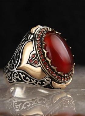 新款复古戒指时尚男士雕花镶嵌红色锆石