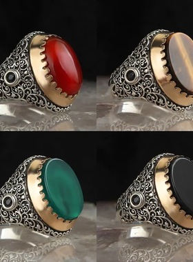 欧美时尚朋克镶4色宝石复古戒指男款戒子饰品指环