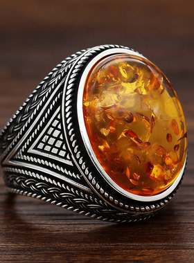 欧美饰品 朋克复古抹黄镶琥珀戒指 男女简约高级感食指环