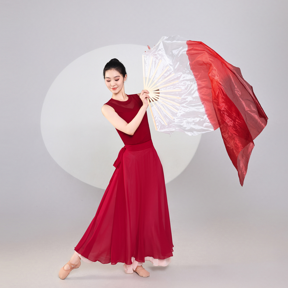 双层光亮舞飘逸中国风舞蹈演出服红色大裙摆扇子舞表演服艺考服装