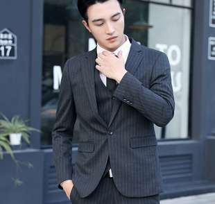 正装 出租赁西服套装 条纹帅气英伦风休闲西装 新郎结婚礼服夏季 韩版