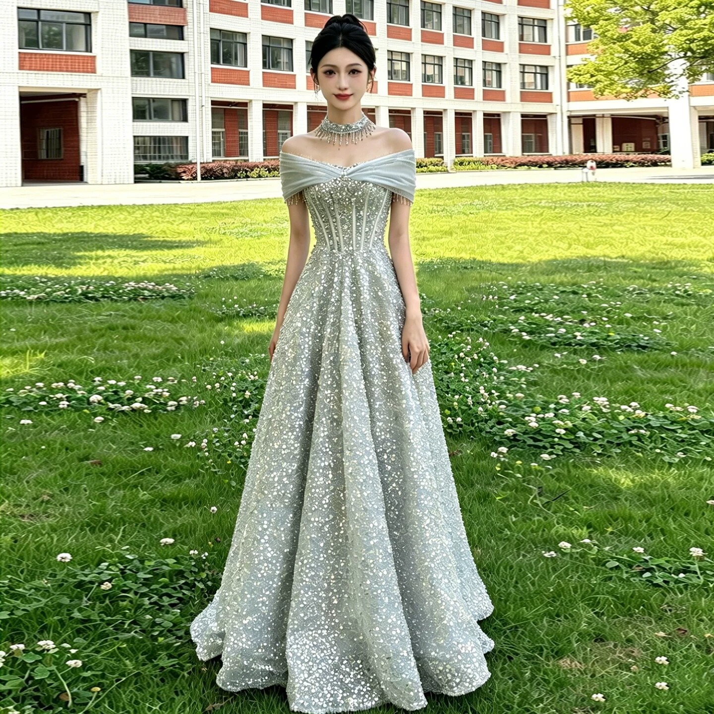 出租一字肩晚礼服胖mm成人礼宴会主持人长裙亮片高级感孕妇敬酒服图片