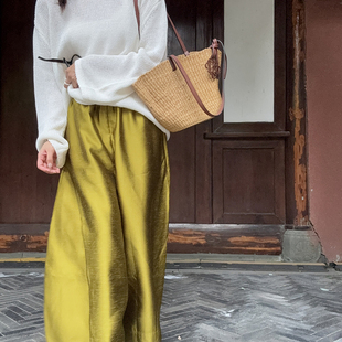 Y博主风秋季 八分裤 新款 简约九分裤 真丝羊毛阔腿裤 BLUE