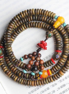 绿檀木天然长款手持链念佛珠串DIY片珠雕刻毛衣项链挂吊坠饰礼品