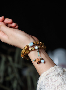 绿檀木DIY方糖块复古两圈款佛珠手串手链持文玩念珠男女士情侣款