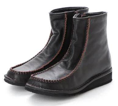 日本制纯牛皮软皮车缝线方头日系女靴侧拉链套筒小坡跟短靴时装靴