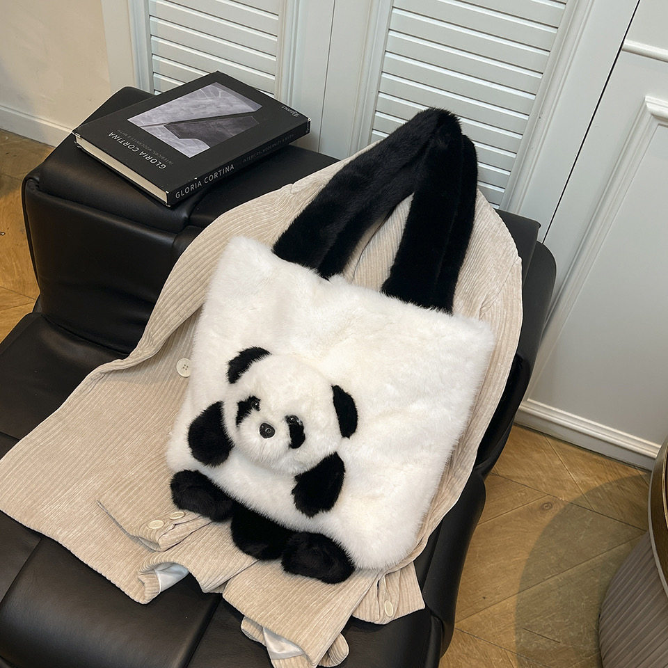 2025秋冬新款熊毛毛绒托特包女大容量单肩包时尚百搭通勤手提包包