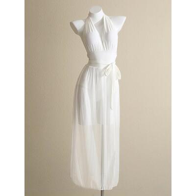 度假女式泳装温泉白色吊带净欲望连体式丝质光滑美丽级仙女0413d