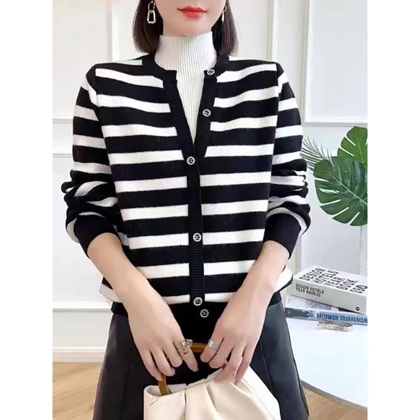 一体绒毛衣条纹假两件打底衫女冬加绒加厚保暖内搭针织衫1122h