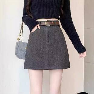 2026新款短款A字毛呢半身裙女韩版高腰显瘦包臀裙时尚百搭短0207w