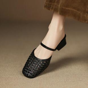 粗跟镂空编织托外穿凉鞋 夏款 女新款 包头拖鞋 0325d 法式