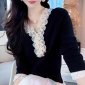 春季 打0205k 高级感花边拼接长袖 蕾丝t恤法式 木耳边钉珠V领女新款
