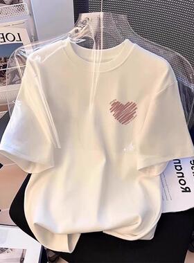 白色棉质正肩短袖t恤女夏季宽松大尺码中长版打底衫时尚印0203r1